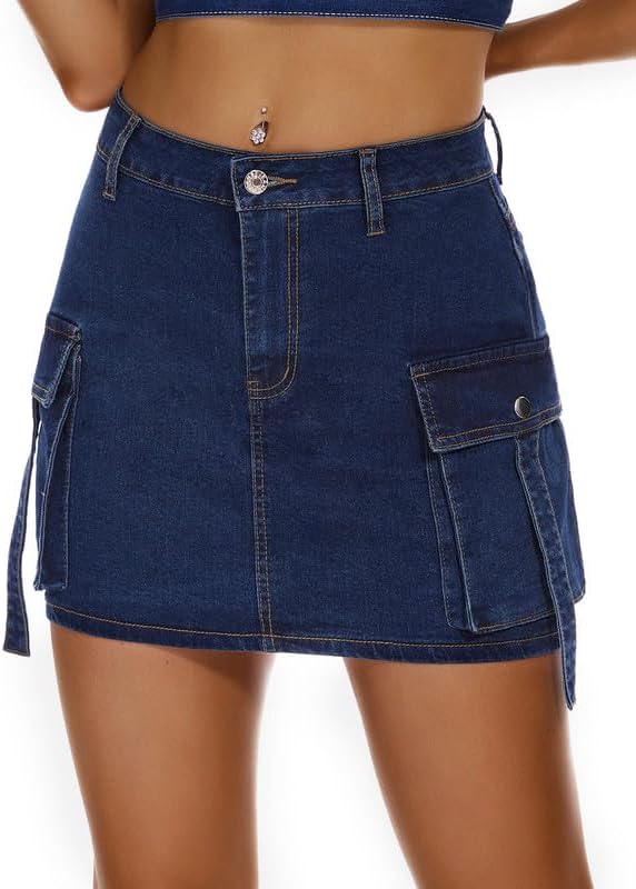 J.Corrine High Waisted Denim Cargo Skirt with Flap Pockets