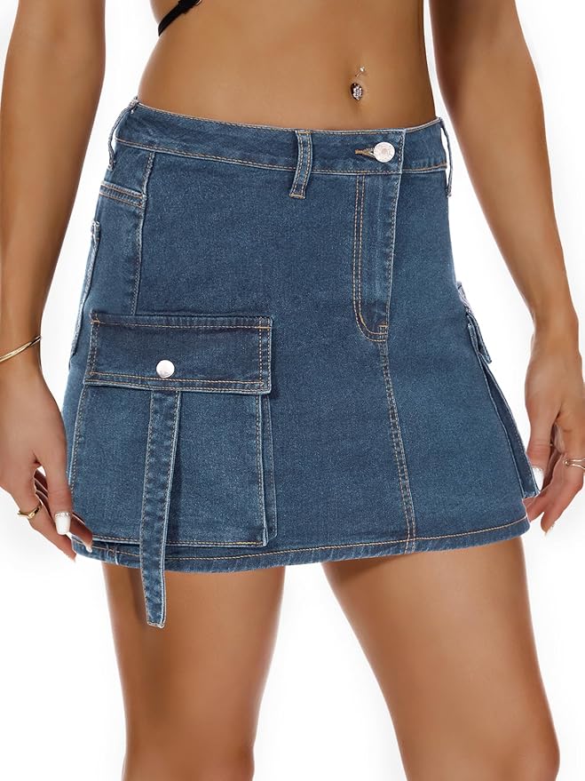 J.Corrine High Waisted Denim Cargo Skirt with Flap Pockets