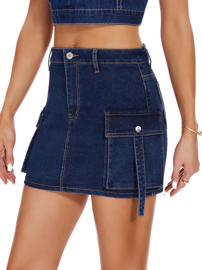 J.Corrine High Waisted Denim Cargo Skirt with Flap Pockets