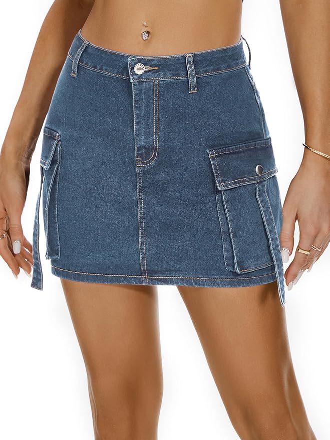 J.Corrine High Waisted Denim Cargo Skirt with Flap Pockets