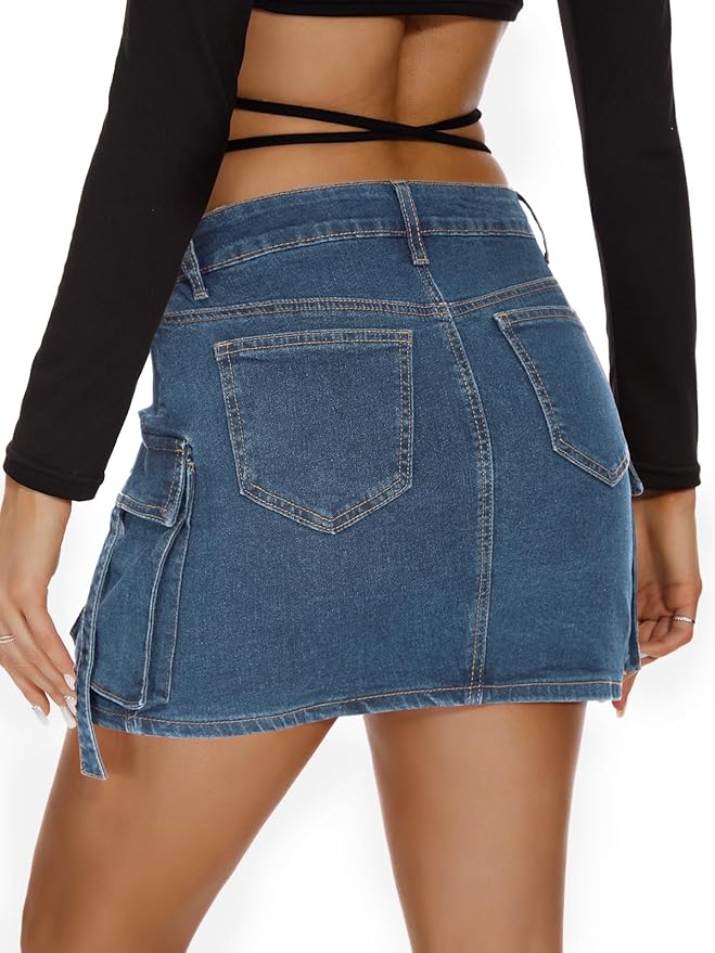 J.Corrine High Waisted Denim Cargo Skirt with Flap Pockets