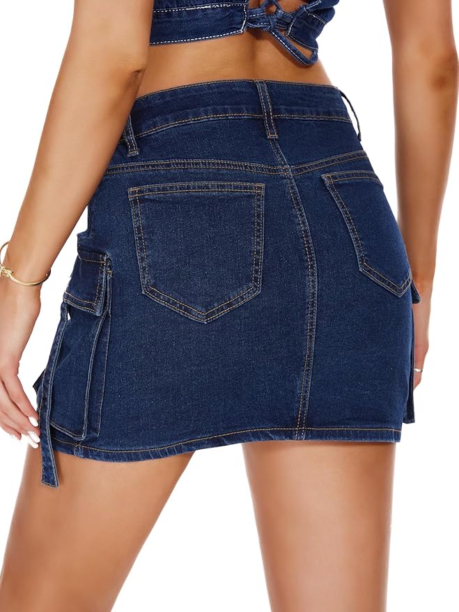 J.Corrine High Waisted Denim Cargo Skirt with Flap Pockets