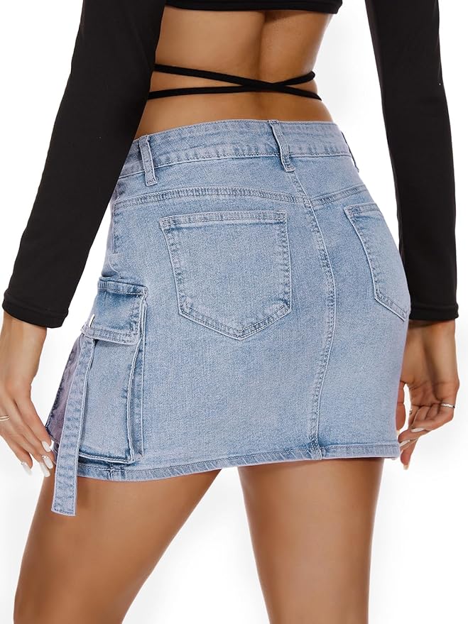 J.Corrine High Waisted Denim Cargo Skirt with Flap Pockets
