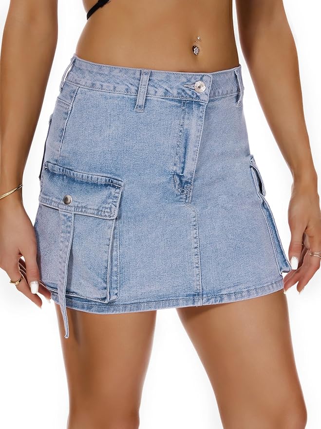 J.Corrine High Waisted Denim Cargo Skirt with Flap Pockets