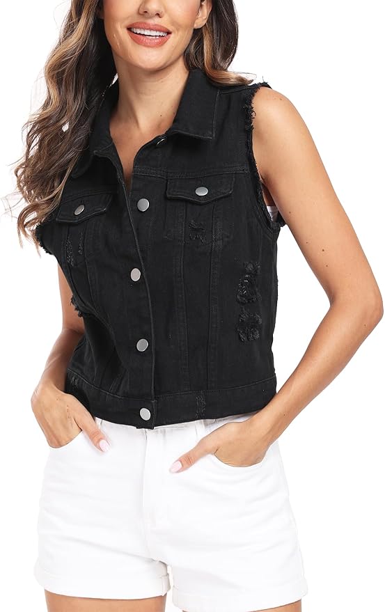 J.Corrine Denim Frayed Vests With Flap Pockets