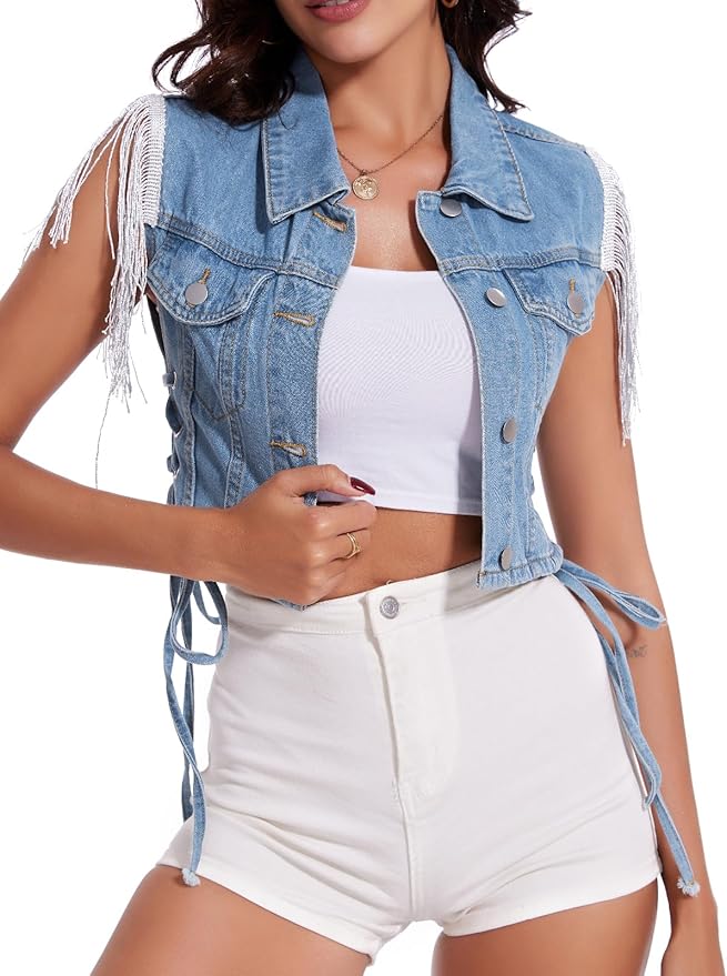 J.Corrine Fringe Sleeveless Cropped Denim Vest