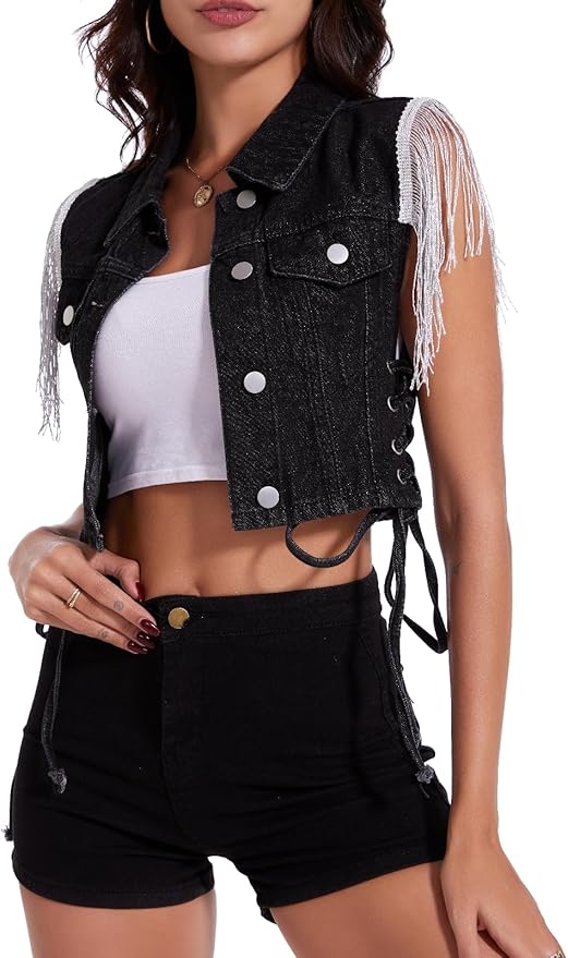 J.Corrine Fringe Sleeveless Cropped Denim Vest