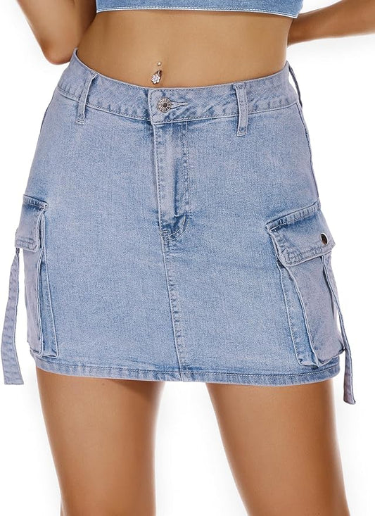 J.Corrine High Waisted Denim Cargo Skirt with Flap Pockets