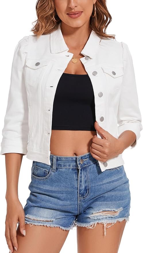 J.Corrine 3/4 Puff Sleeve Cropped Stretchy Denim Jackets with Pockets