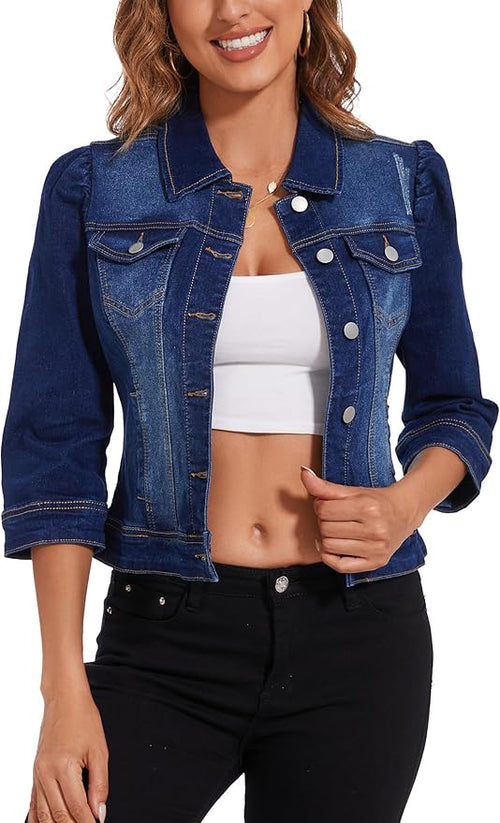 J.Corrine 3/4 Puff Sleeve Cropped Stretchy Denim Jackets with Pockets