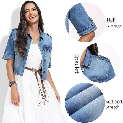 J.Corrine Stretch Cropped Half Sleeve Denim Jackets