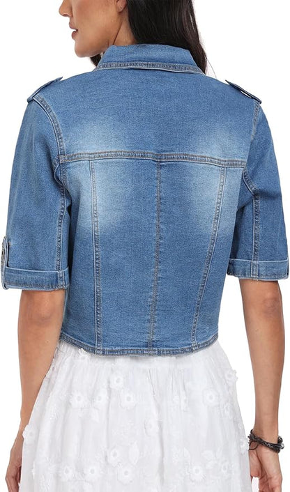 J.Corrine Stretch Cropped Half Sleeve Denim Jackets