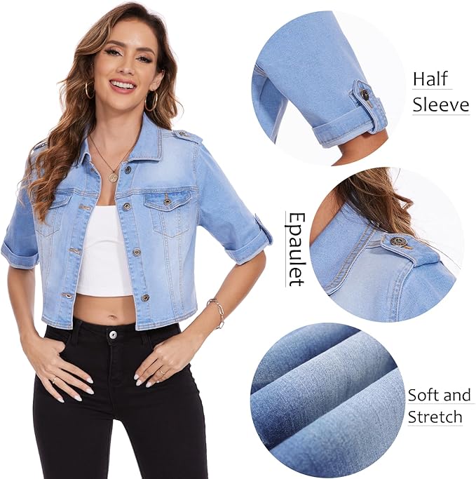 J.Corrine Stretch Cropped Half Sleeve Denim Jackets