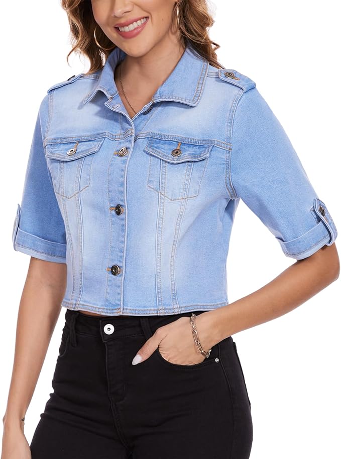 J.Corrine Stretch Cropped Half Sleeve Denim Jackets