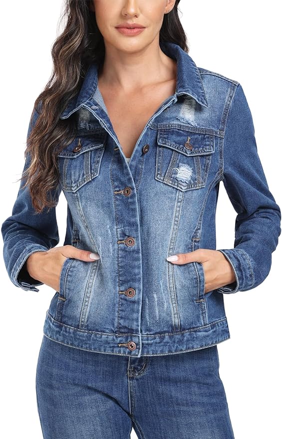 J.Corrine Vintage Ripped Denim Jacket Coats With Pockets