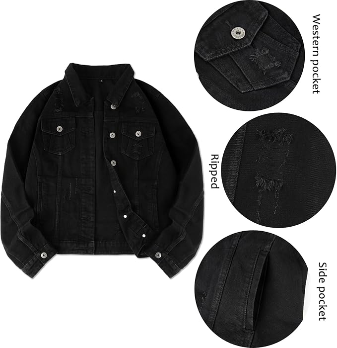 J.Corrine Vintage Ripped Denim Jacket Coats With Pockets