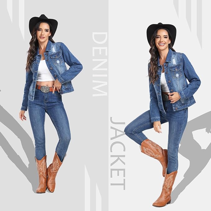 J.Corrine Vintage Ripped Denim Jacket Coats With Pockets