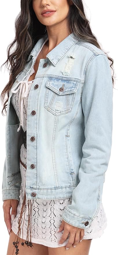 J.Corrine Vintage Ripped Denim Jacket Coats With Pockets