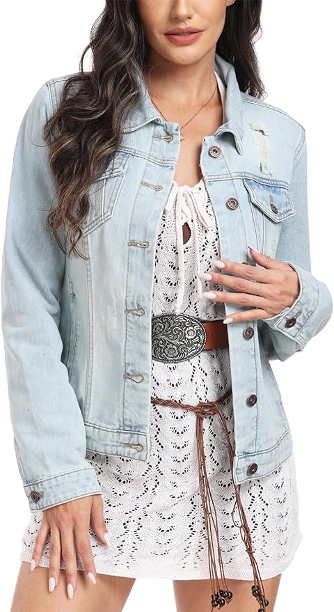 J.Corrine Vintage Ripped Denim Jacket Coats With Pockets
