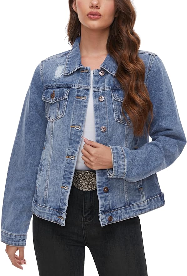 J.Corrine Vintage Ripped Denim Jacket Coats With Pockets
