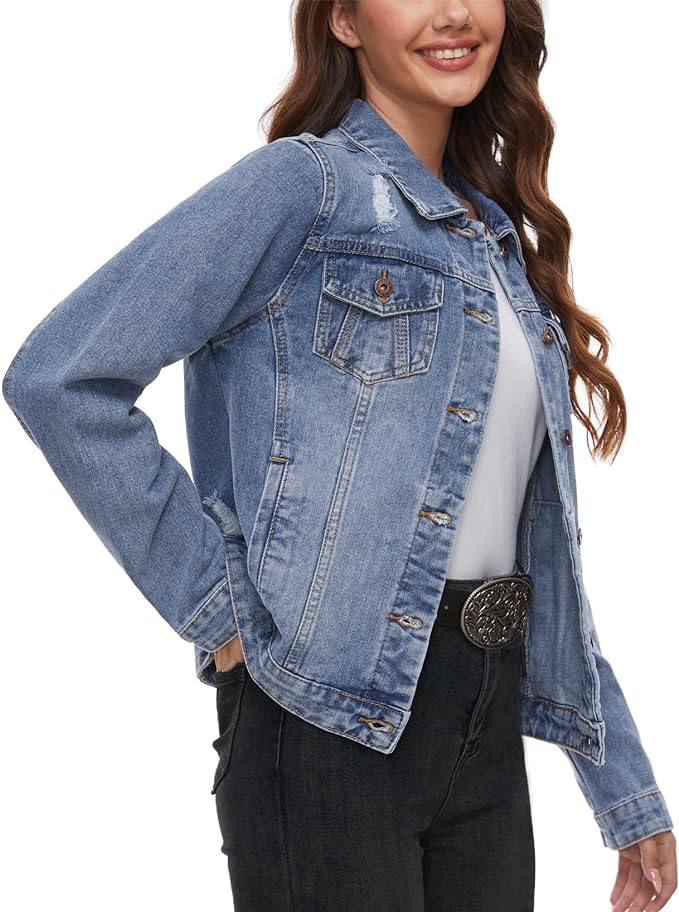 J.Corrine Vintage Ripped Denim Jacket Coats With Pockets