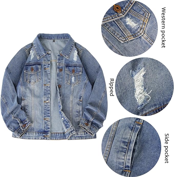 J.Corrine Vintage Ripped Denim Jacket Coats With Pockets