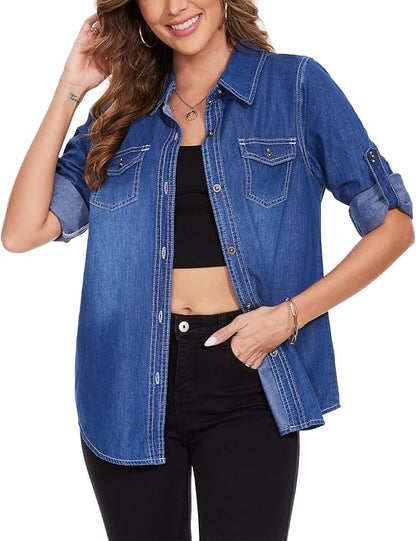 J.Corrine Boyfriend Long Sleeve Roll Up Oversized Denim Shirts