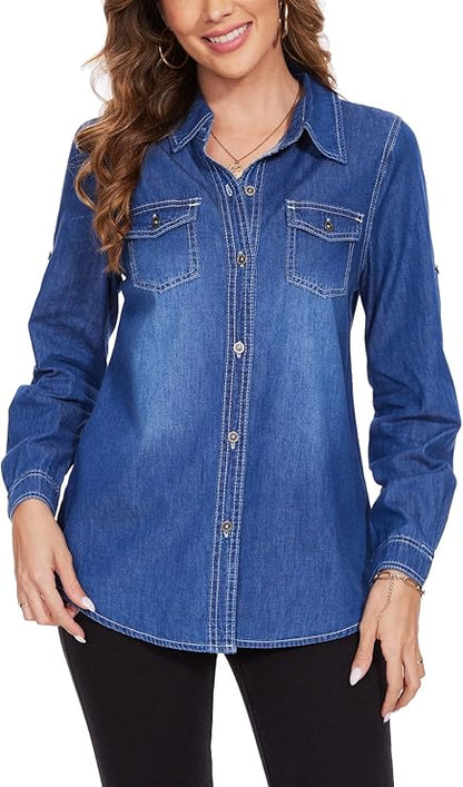 J.Corrine Boyfriend Long Sleeve Roll Up Oversized Denim Shirts