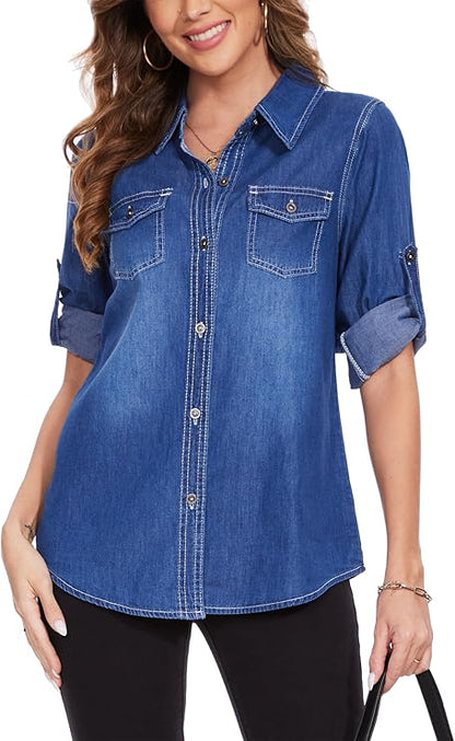 J.Corrine Boyfriend Long Sleeve Roll Up Oversized Denim Shirts