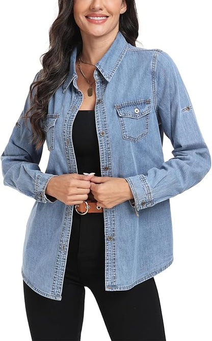 J.Corrine Boyfriend Long Sleeve Roll Up Oversized Denim Shirts