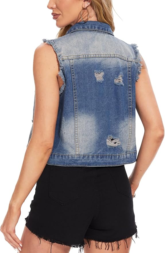 J.Corrine Denim Frayed Vests With Flap Pockets