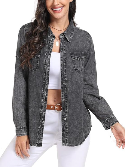 J.Corrine Boyfriend Long Sleeve Roll Up Oversized Denim Shirts